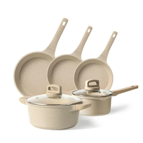 7-Piece Carote Nonstick Cookware Set with Stay-Cool Handles, Induction Compatible, Taupe Color