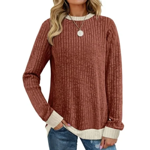 Women's Color Block Crewneck Long Sleeve Pullover Sweater - Lightweight Fall Fashion Top