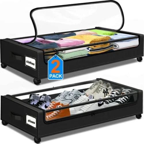 Under Bed Storage with Wheels, 2 Pack Under Bed Storage Containers with Clear Lids & Dividers, Underbed Storage Organizer & Underbed Storage with Wheels for Clothes, Blankets, Shoes