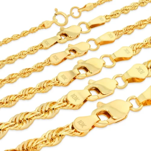 10K Yellow Gold Laser Diamond Cut Rope Chain Necklace for Men and Women, 16"-30"