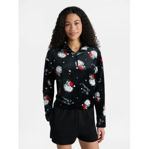 No Boundaries Women's Christmas Quarter Zip Mock Neck Plush Top with Long Sleeves