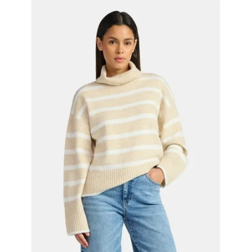 Time and Tru Women's Chunky Turtleneck Pullover Sweater with Long Sleeves, Sizes XS-XXXL