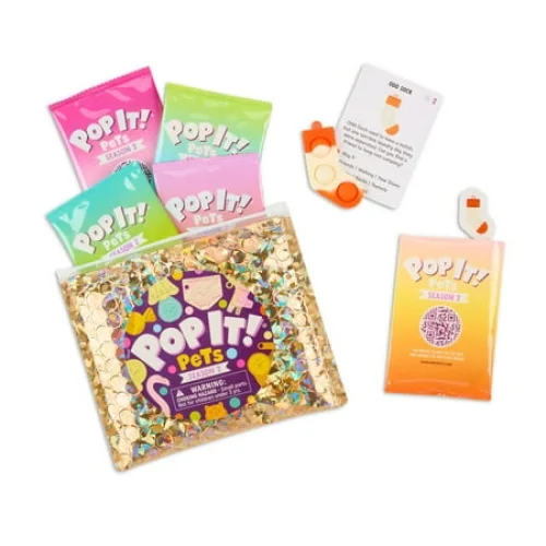 5-Pet Pop It! Pets Season 2 Mystery Bag with Trading Cards, Stickers, and Keychain for Ages 3+