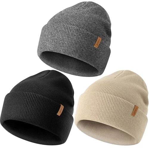 OLIKER 3 Pack Beanie for Men Women, Winter Double Layer Warm Knit Cuffed Hat Stylish Slouchy Skull Cap for Cold Weather (US, Alpha, One Size, Beige+Dark Grey+Black)