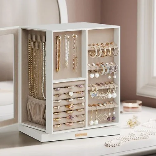 Rotating Jewelry Box with 5 Drawers, Glass Window, Vertical Design, White Jewelry Organizer