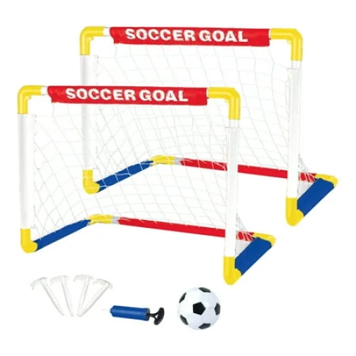 Play Day Foldable Soccer Set with 2 Goals, Ball, Pump, and 4 Stakes for Children Ages 3+
