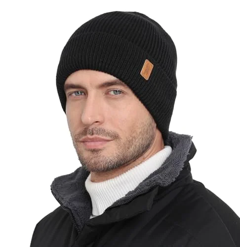 Wmcaps Merino Wool Fleece Lined Beanie Winter Hats for Men Women, Warm Thermal Knit Cap for Outdoor Black