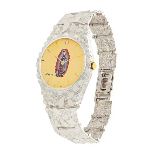 925 Sterling Silver Nugget Link Band Geneve Guadalupe Diamond Watch 8.5-9" 51g