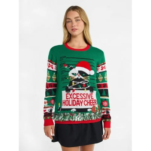No Boundaries Lightweight Women's Christmas Sweater with Festive Graphics and 3D Trims
