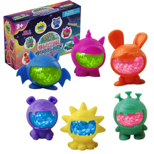 6 Pack Glitter Gobblers Squishy Toys - Interchangeable Sensory Toys for Kids Ages 3+