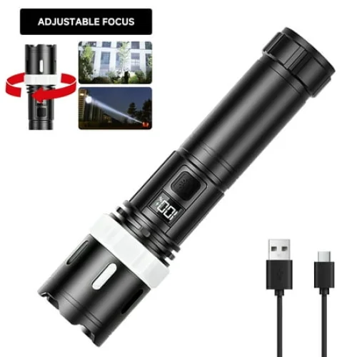 DAYBETTER Rechargeable LED Handheld Flashlight with 4 Modes, Zoomable, and LCD Battery Display