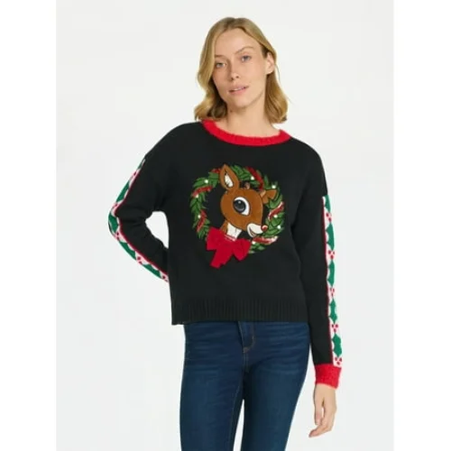 Rudolph Women's Embellished Christmas Sweater with Long Sleeves, Midweight, Sizes XXS-XXL