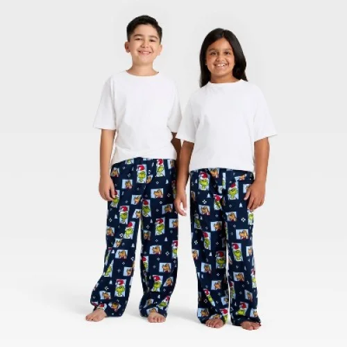 Kids' The Grinch Microfleece Holiday Matching Family Pajama Pants - Navy Blue L