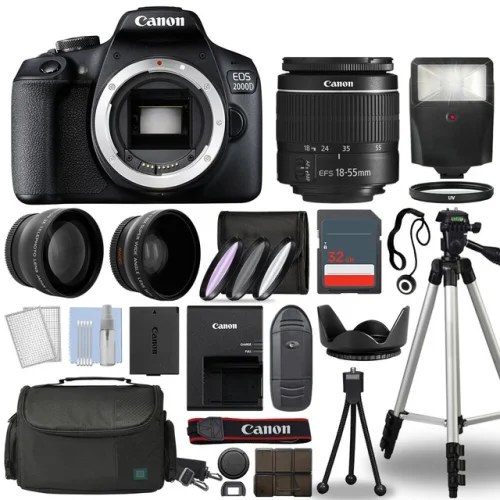 Canon EOS 2000D / Rebel T7 SLR Camera + 3 Lens Kit 18-55mm + 32GB + Flash & More
