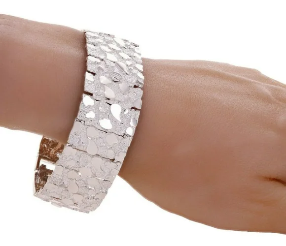 925 Solid Sterling Silver Nugget Bracelet Adjustable 24.5mm 8-8.5" 56.5 grams