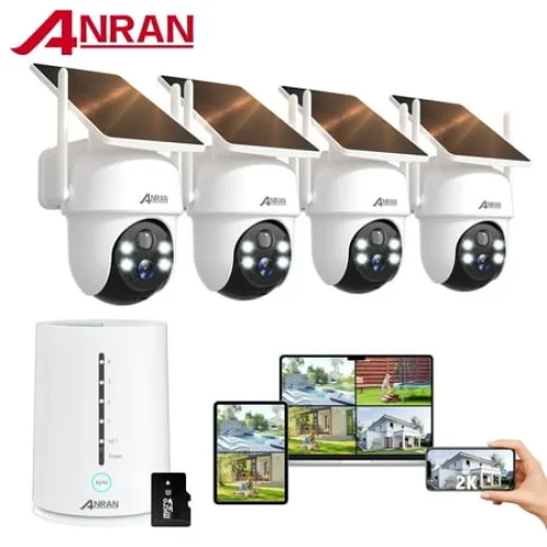 ANRAN 2K/4MP Solar Security Camera with Base Station, Spotlight, Expandable Local Storage, No Monthly Fee, 360&deg; View Wireless Outdoor Camera, Waterproof PIR Detection, Home Surveillance System Camera