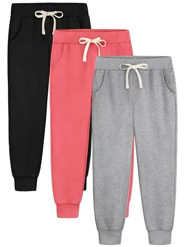 3 Pack Girls Sweatpants Joggers Cotton Athletic Pants with Pocket Drawstring 5-16Y