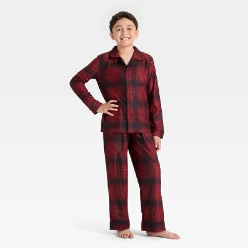 2pc Boys' Plaid Holiday Long Sleeve Button-Down Pajama Set - Cat & Jack&trade; Red L