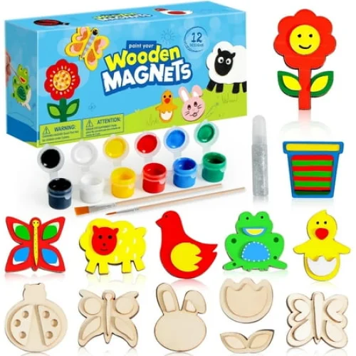 12-Piece Wooden Magnet Painting Art & Craft Kit for Kids, Toddlers, Party Favors