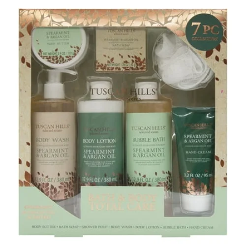 7-Piece Tuscan Hills Bath and Body Set, Spearmint & Argan Oil Scent, Hydrating Gift Collection
