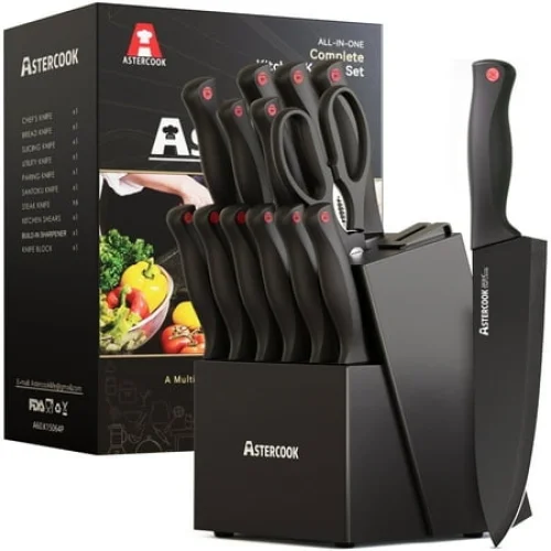 Astercook Kitchen Knife Set, 14 Pcs Knives Block Set with Built-in Sharpener, Healthy Anti-Rust Coating & German Stainless Steel Knife Set, Dishwasher Safe Black