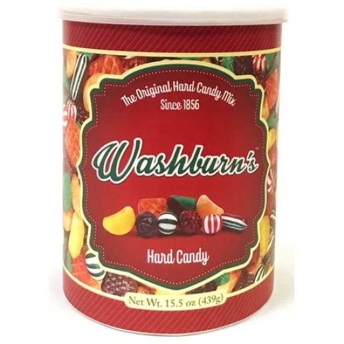 Washburn Candy Old Fashioned Hard Candy Canister 15.5 oz Holiday Gift and Treat