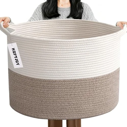 HZFTJOY Large Storage Basket with Handle,19.7" L x 19.7" W x 13" H Blanket Basket Storage Bins for Organizing,65L Cotton Rope Woven Baskets for Living Room, Nursery ,Bedroom,White&Brown