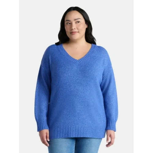 Terra & Sky Women's Plus V Neck Tunic Sweater, Lightweight, Sizes 0X-5X
