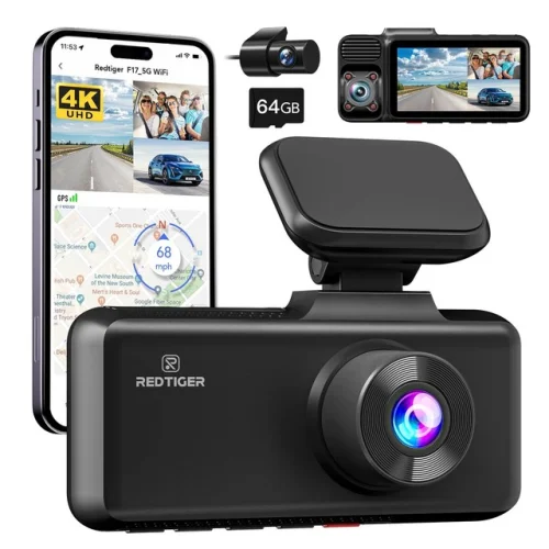 REDTIGER F17 3 Channel 4K Dash Cam with 5G WiFi, Front, Rear, and Inside Views, 64GB SD Card