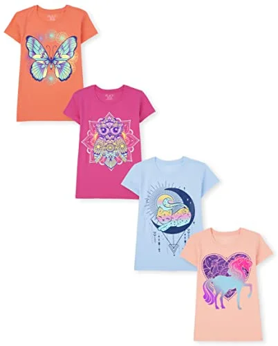 The Children's Place Girls' Animal Short Sleeve Graphic T-Shirts,Multipacks, Owl/Unicorn/Butterfly/Cat 4-Pack, Small