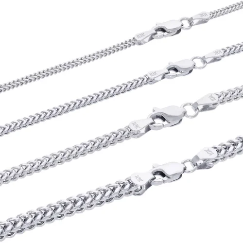 10K White Gold 1.5mm-3mm Franco Box Wheat Chain Necklace Mens Womens 16"- 30"