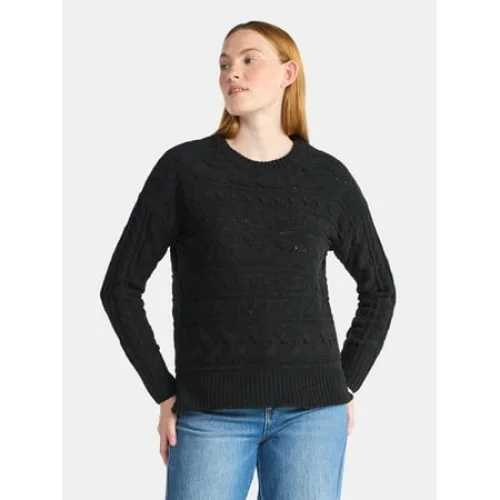 Time and Tru Women's Chenille Cable Knit Crewneck Sweater, Midweight, Sizes XS-XXXL