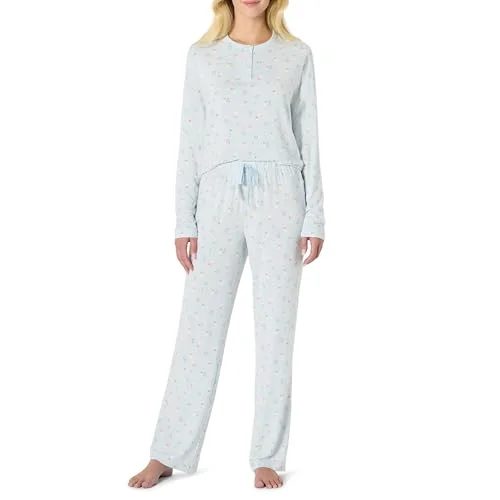 Amazon Essentials Women's Long Sleeve Henley Pajama Set, Light Blue Geese, Large