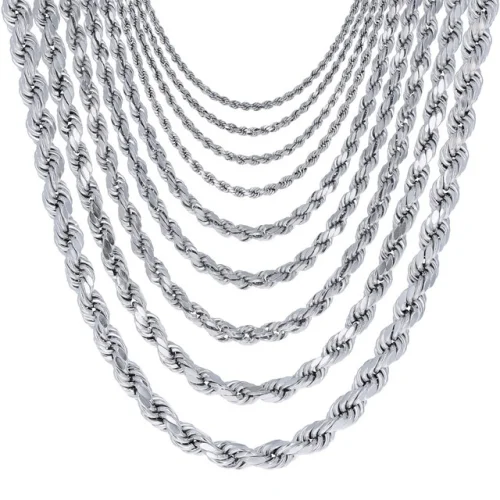 10K White Gold Diamond Cut Rope Chain Necklace Mens Womens 16-30 Inch Length