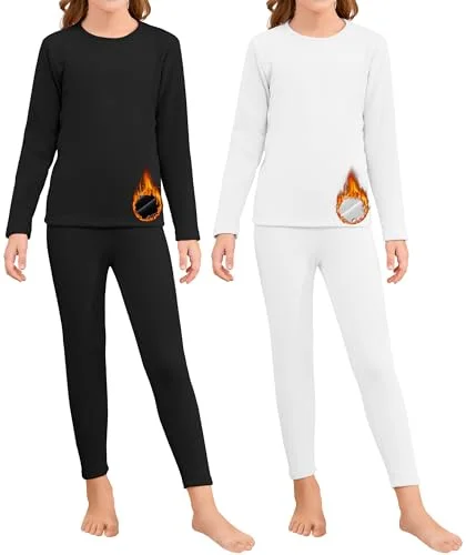 HeliosCloak 2 Set Girls Thermal Underwear Sets Kids Double-Sided Fleece Lined Long Johns Base Layer Top and Bottom for Cold Weather Black/White L