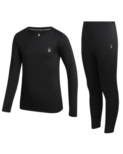 Spyder Kids Thermal Underwear Set - 2 Piece Moisture Wicking Insulated Base Layer - Breathable Long Johns for Boys and Girls, Size 6-7, Black