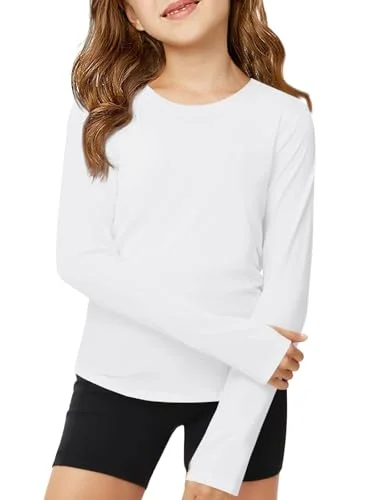 ZDC Girls Long Sleeve Athletic Shirts Kids Crewneck Quick Dry Workout Yoga Tops Basic Tees Activewear White