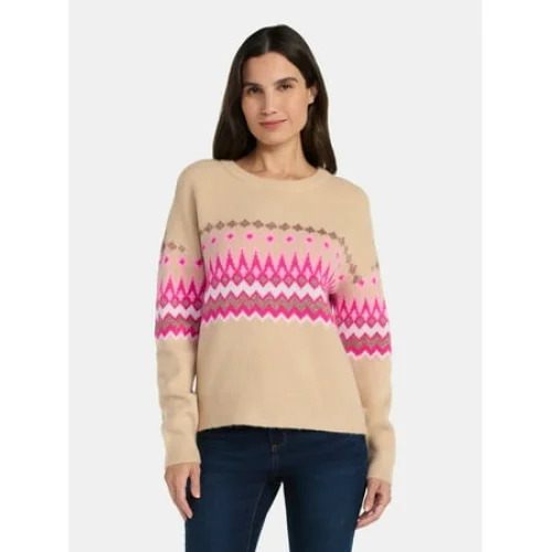 99 Jane Street Women's and Women's Plus Fair Isle Pullover Sweater, Midweight, Sizes XS-4X