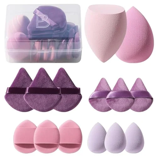 14 Pcs Makeup Sponge Set Triangle Puff for Liquid Cream Powder with Case (A-Purple)