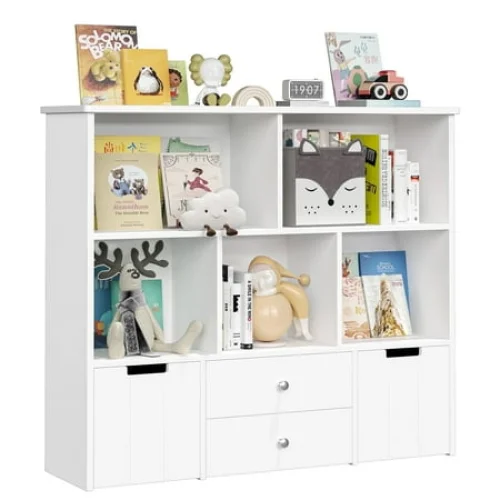 Homfa Kids Toy Storage Organizer with 5 Cubby Bookcase and 4 Drawer on Wheels for Playroom