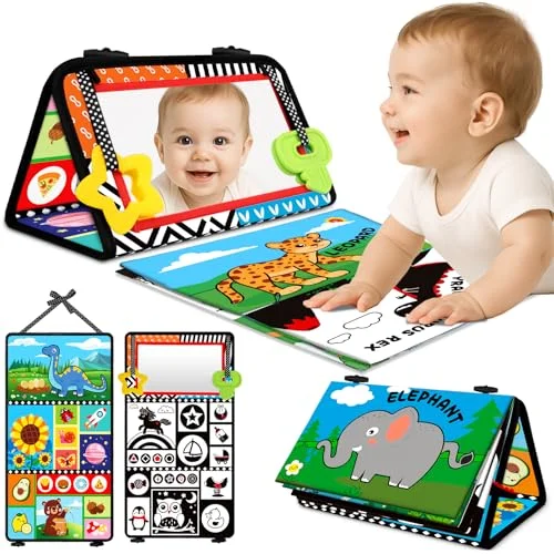 Baby Toys 0-6 Months - Tummy Time Toy Black and White High Contrast Newborn Toys - Mirror, Book, Teether