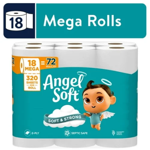 18 Mega Rolls Angel Soft 2-Ply Toilet Paper - Soft and Strong for Everyday Use