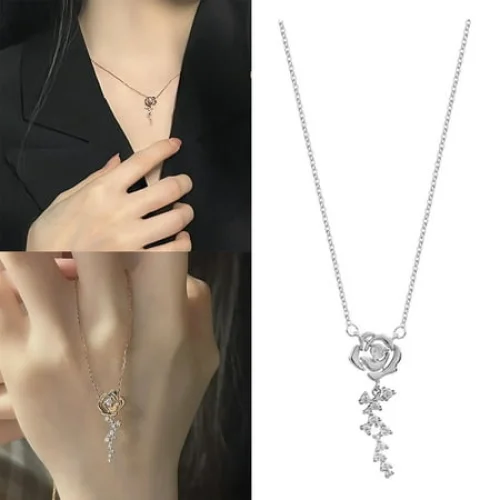 925 Sterling Silver Rose Necklace Female French Vintage Flash Drill Small Clavicle Chain Light Flower Collar