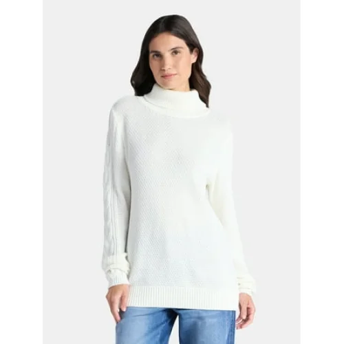 Time and Tru Women's Turtleneck Sweater with Cable Sleeves, Midweight, Sizes XS-4X