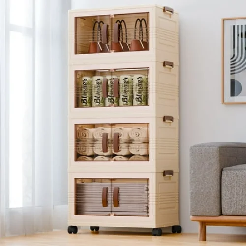 4 Tier 124QT Stackable Storage Containers with Wheels, Folding Closet Organizers