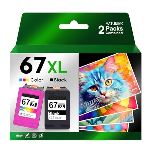 YATUNINK 67XL Ink Cartridges Combo Pack Compatible for HP Ink 67 XL Work with DeskJet 4155e 2800e 2755e 2700 2734e 2855e Envy 6455e 6400e 6000 Printer (Black, Tri-Color)