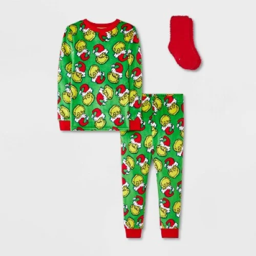 Toddler 2pc Grinch Snuggly Soft Pajama Set with Socks - Green 4T