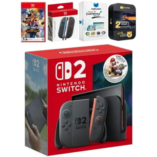 Nintendo Switch 2 + Mario Kart World Bundle with Street Fighter 6, Extra Joy-Cons, MightySkins Code and 2 CPS Year Extended Warranty