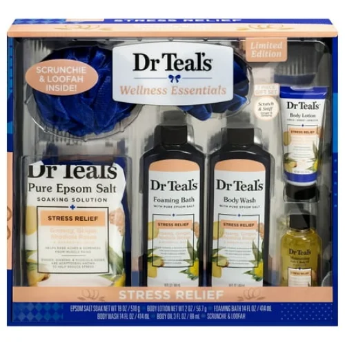 7-Piece Dr Teal&rsquo;s Stress Relief Bath Gift Set with Loofah, Ginger, Ginseng, and Rhodiola Rosea
