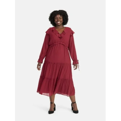 Time and Tru Women's and Women's Plus Ruffle Tiered Midi Dress with Long Sleeves, Sizes XS-4X